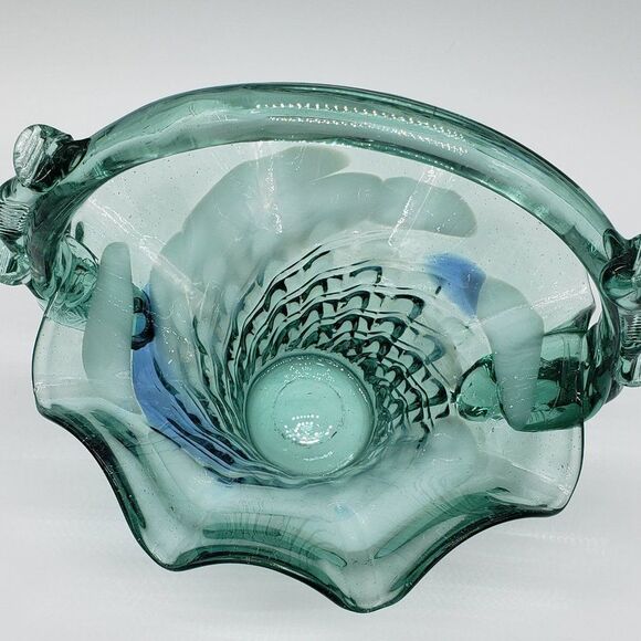Teal White Blue Art Glass Ruffled Waffle Fruit Basket with Handle - Picture 8 of 15